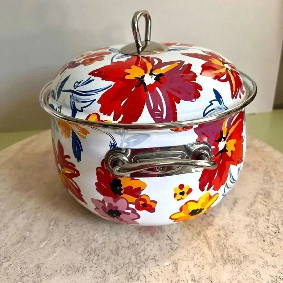 Crofton 4 Quart Floral Casserole Pot with Lid Whote Red Blue 5 x 11 inches - Picture 4 of 12